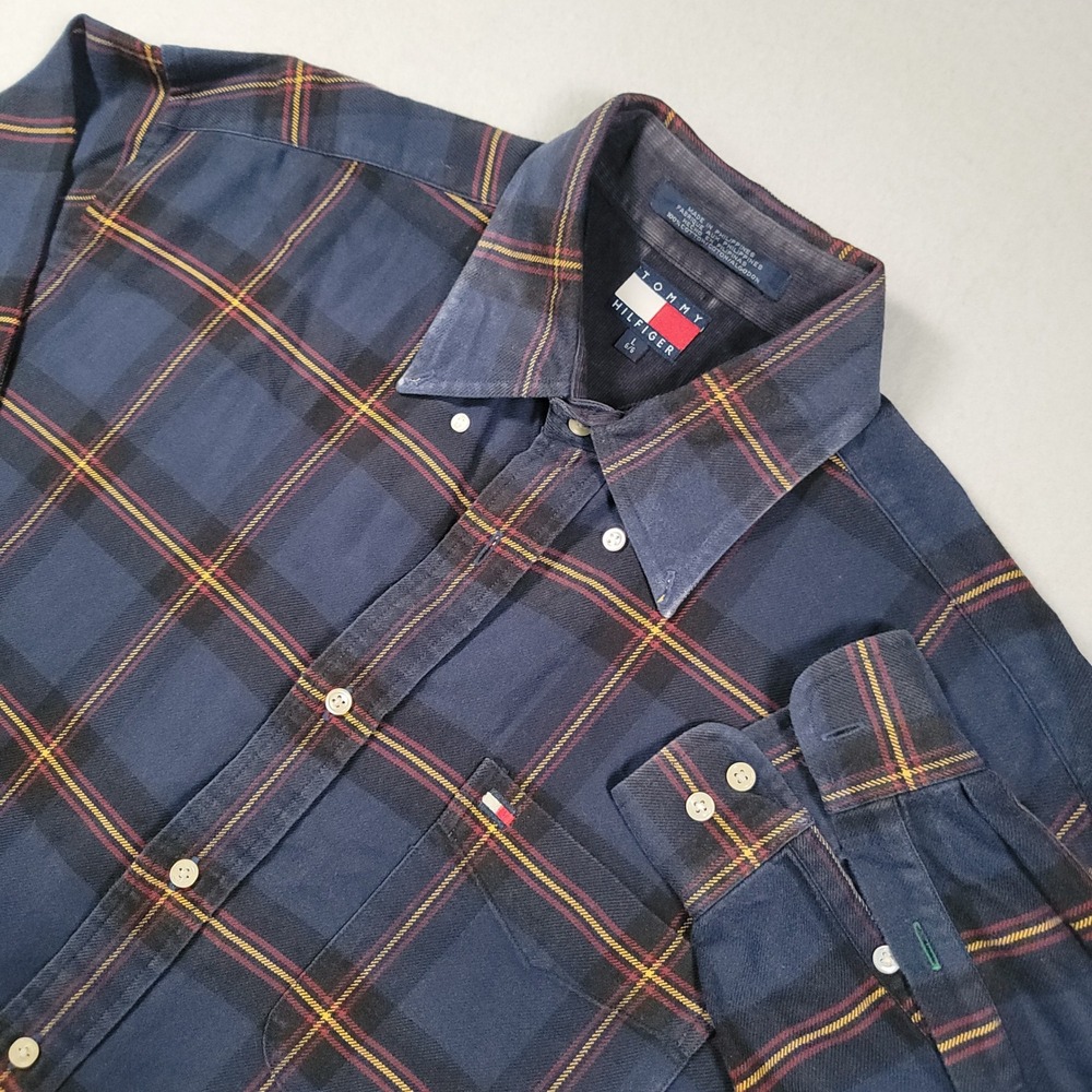 Tommy Hilfiger Vintage 90s Button Down Shirt Mens L Blue Plaid Cotton L/S